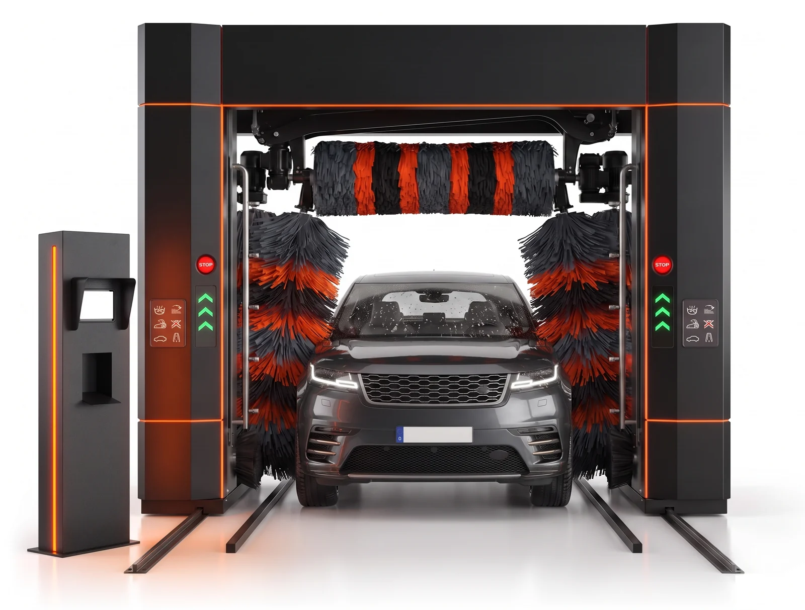 Máquina automática de lavagem de veículos com o totem UPWASH instalado ao lado