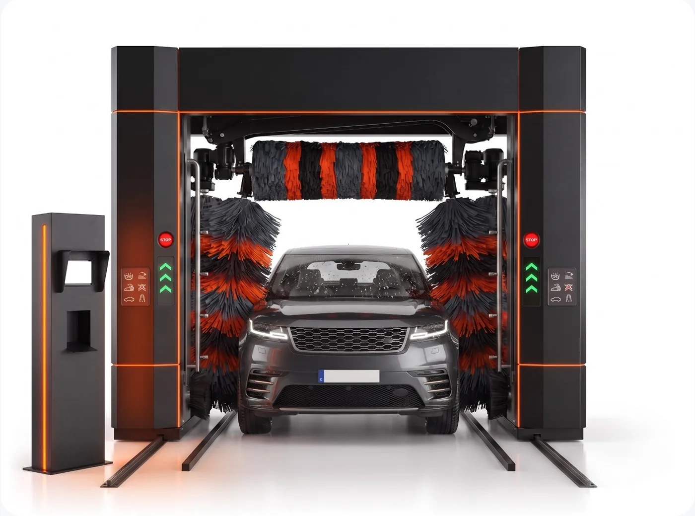 Máquina automática de lavagem com o totem leitor UPWASH instalado ao lado