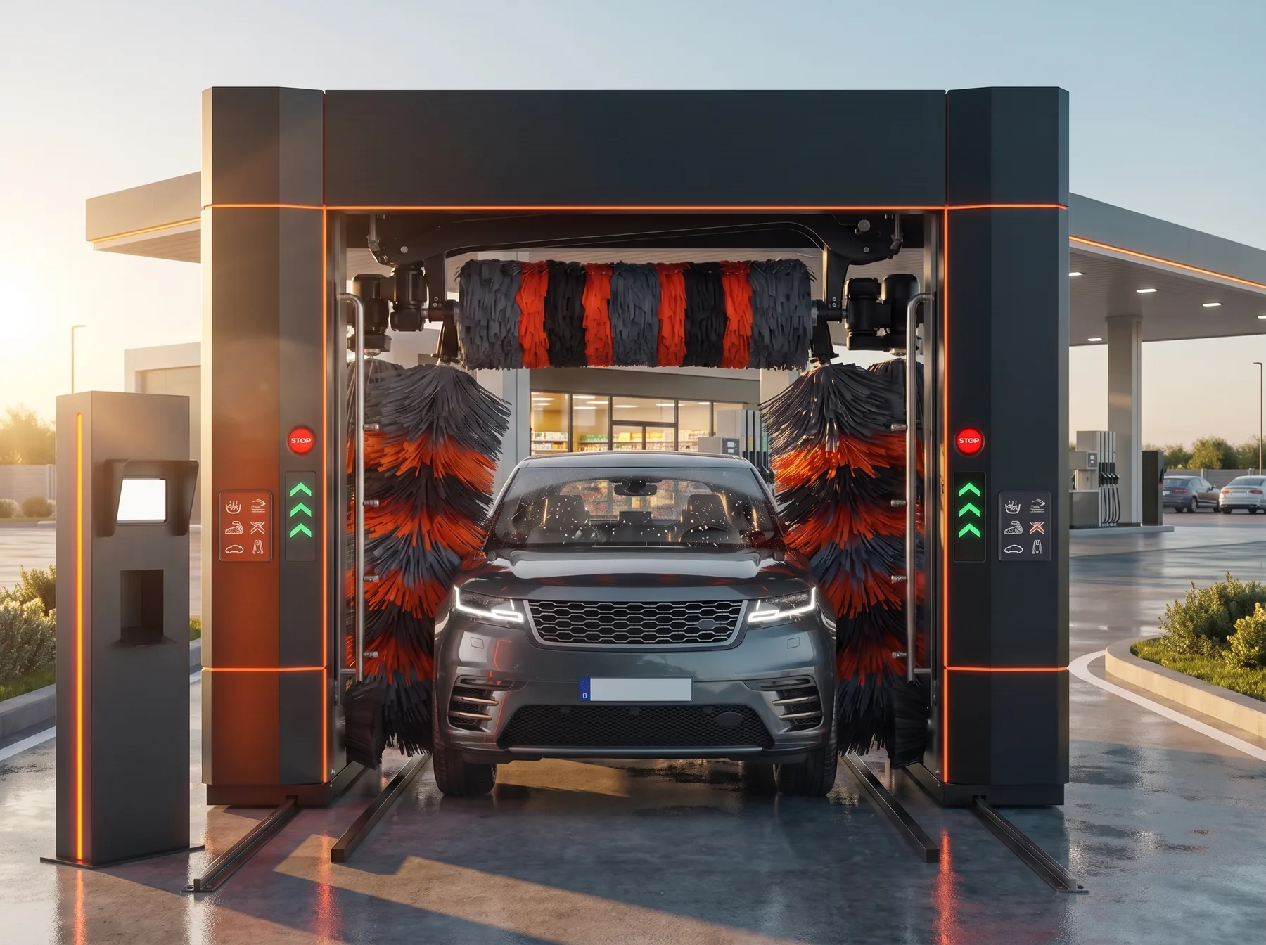 Máquina automática de lavagem com o totem UPWASH instalado ao lado, em um posto de combustível